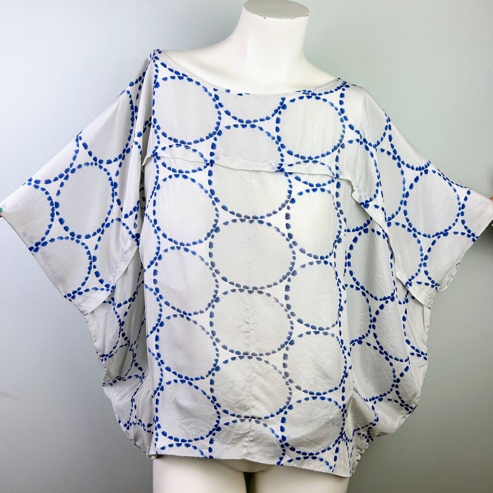 Diane Von Furstenberg Landy Silk Blouse Batwing Flutter Sleeves Blue White Geo P